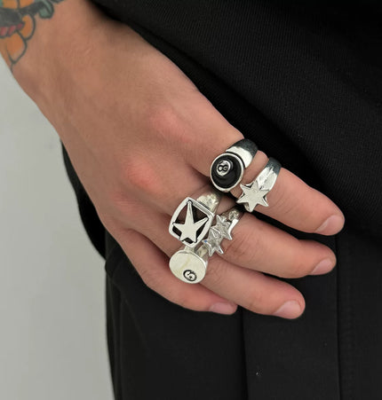 5-piece set of pentagram billiards black 8 ring set European and American retro hip-hop niche ring cross-border men's hand jewelry