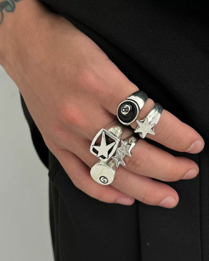 5-piece set of pentagram billiards black 8 ring set European and American retro hip-hop niche ring cross-border men's hand jewelry