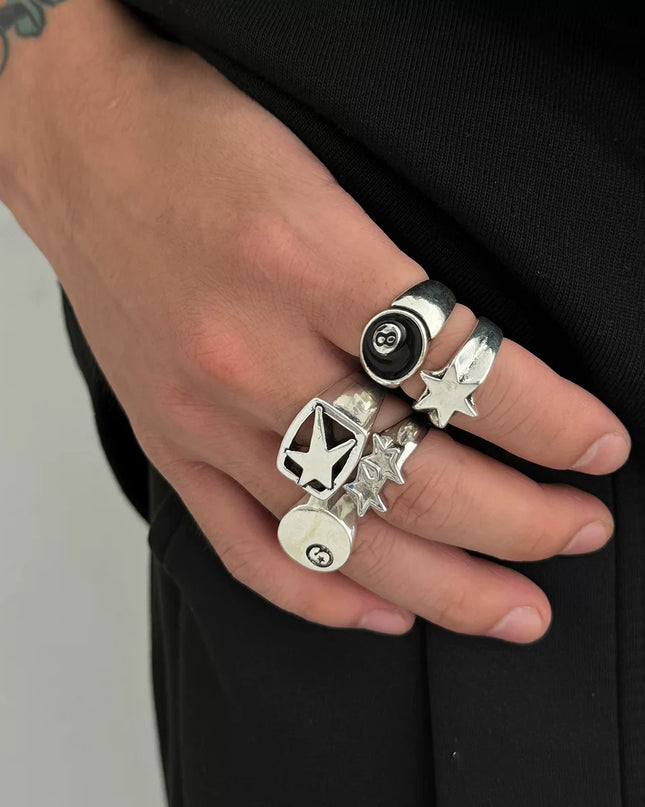 5-piece set of pentagram billiards black 8 ring set European and American retro hip-hop niche ring cross-border men's hand jewelry