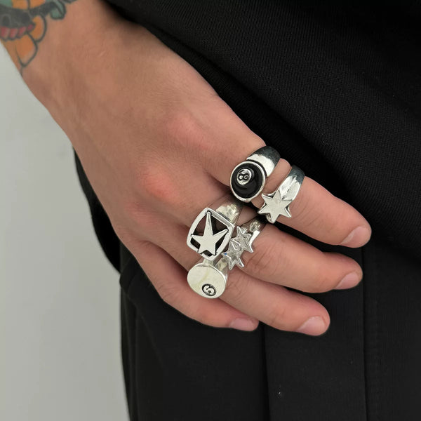 5-piece set of pentagram billiards black 8 ring set European and American retro hip-hop niche ring cross-border men's hand jewelry