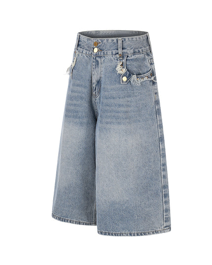 American-style street jeans, summer new washed patchwork pockets, frayed edged denim shorts, personalized five-point pants