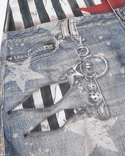 American street fashion brand jeans, personalized curved knife pants, loose wide-leg printed pants, fake two-piece floor-length pants for men and women