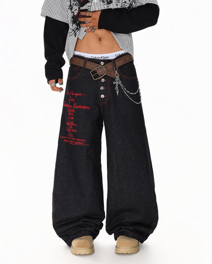 Letter Embroidered Breasted Jeans