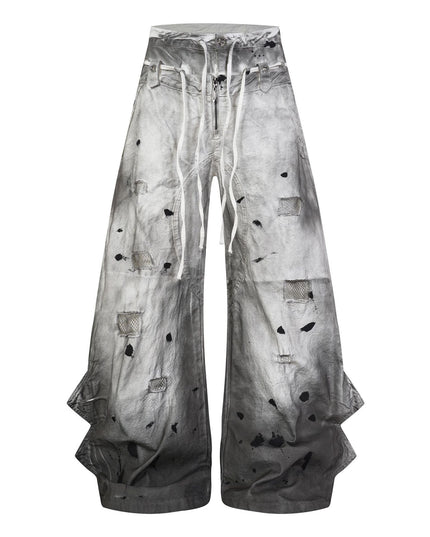 American High Street Subculture: Inkjet Graded Washed Destroyed Casual Pants Men's 3D Silhouette Double-Waist Toe Wide-Leg Pants