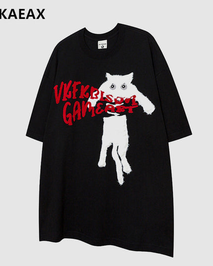 XPKAEAX original trendy brand cat towel embroidered five-quarter sleeve European and American high street crew neck short sleeve T-shirt men's and women's couples
