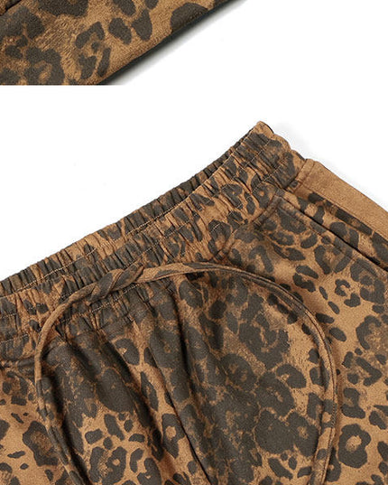 Mr. WH design leopard print hip-hop suit stand-up collar sweatshirt men's and women's slacks high street two-piece set