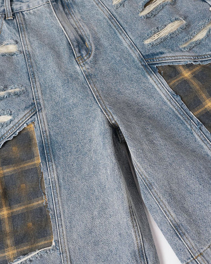 Washed Splicing Broken Denim Shorts