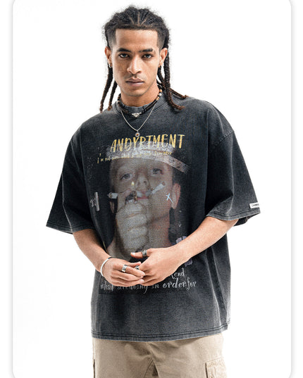 ONSEVENINE American Retro Wash Anti-fried Black Heavy Cotton Small Neckline Short Sleeve T-Shirt Men's Summer Loose
