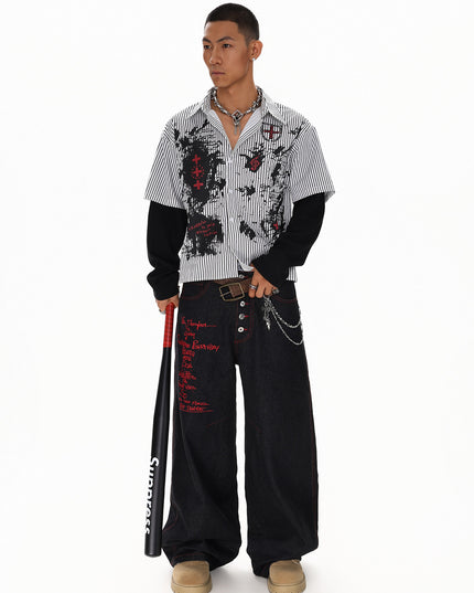 Letter Embroidered Breasted Jeans
