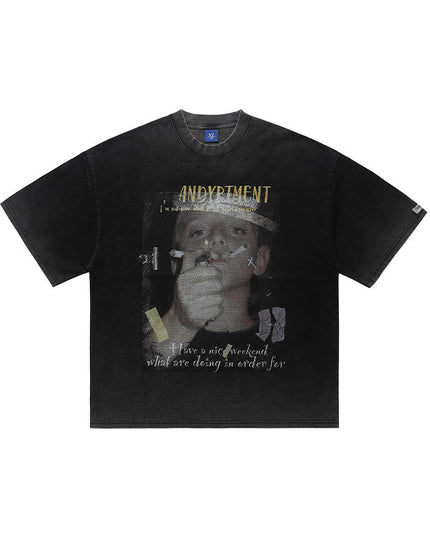 ONSEVENINE American Retro Wash Anti-fried Black Heavy Cotton Small Neckline Short Sleeve T-Shirt Men's Summer Loose