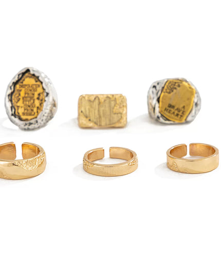 Men's 6-piece letter ring set, European and American retro hip-hop trendy unique niche design ring combo, cool