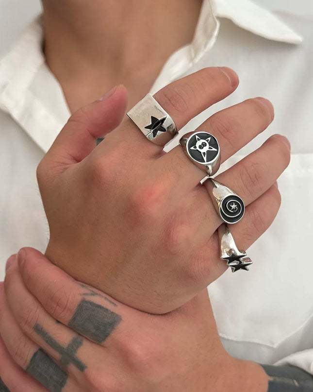 Men's 4-piece set of dripping oil five-pointed star ring set European and American hip-hop trend fashion boys take photos with accessories