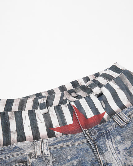 American street fashion brand jeans, personalized curved knife pants, loose wide-leg printed pants, fake two-piece floor-length pants for men and women