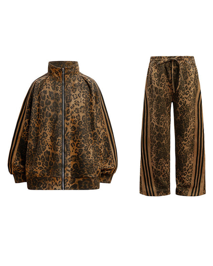 Mr. WH design leopard print hip-hop suit stand-up collar sweatshirt men's and women's slacks high street two-piece set