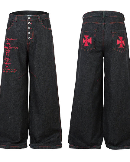 Letter Embroidered Breasted Jeans