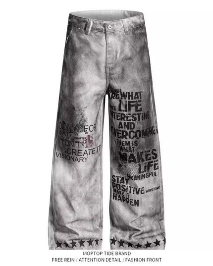 Mr. WH American distressed letter print dirty jeans men's and women's loose wide-leg pants niche design trousers