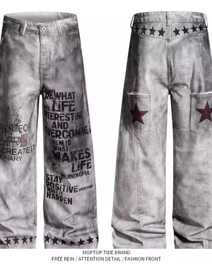 Mr. WH American distressed letter print dirty jeans men's and women's loose wide-leg pants niche design trousers