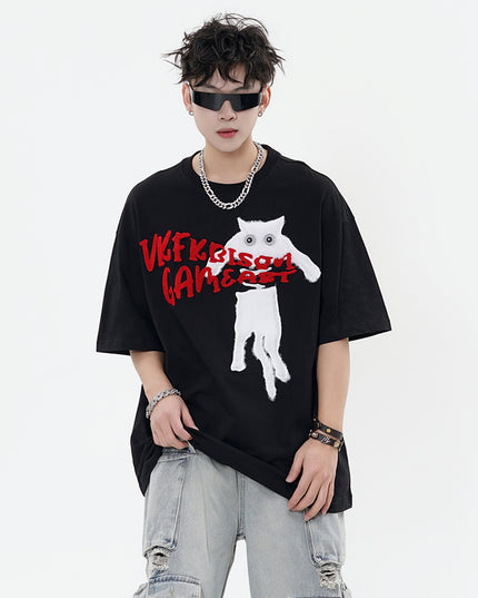 XPKAEAX original trendy brand cat towel embroidered five-quarter sleeve European and American high street crew neck short sleeve T-shirt men's and women's couples