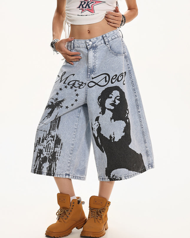 XPKAEAX American vintage washed printed design high-waisted, slimming, loose wide-leg cropped jeans for women's summer