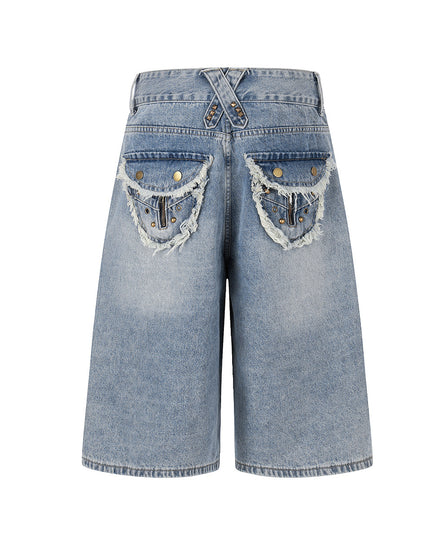 American-style street jeans, summer new washed patchwork pockets, frayed edged denim shorts, personalized five-point pants