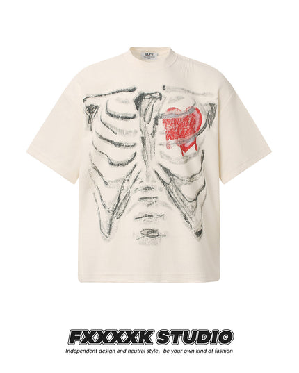 FXK Original Dark High Street Style Skull Love Print Waffle Breathable Loose Couple Short Sleeve T-Shirt Top