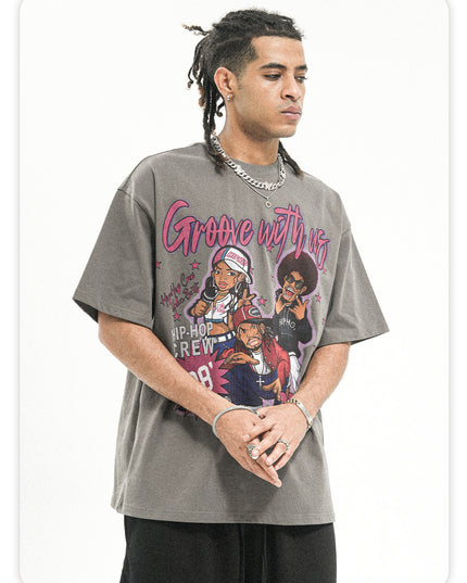 ONSEVENINE American Short Sleeve T-Shirt Men's Summer New Heavy Cotton 300g Small Neckline Loose Hip Hop National Trend