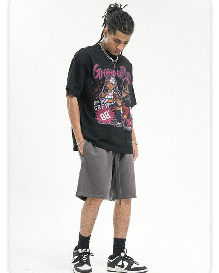 ONSEVENINE American Short Sleeve T-Shirt Men's Summer New Heavy Cotton 300g Small Neckline Loose Hip Hop National Trend