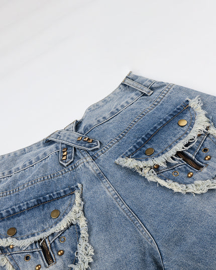 American-style street jeans, summer new washed patchwork pockets, frayed edged denim shorts, personalized five-point pants
