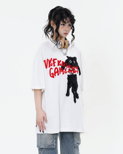 XPKAEAX original trendy brand cat towel embroidered five-quarter sleeve European and American high street crew neck short sleeve T-shirt men's and women's couples