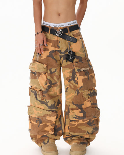 XPKAEAX American Camouflage Multi-Pocket Workwear Jeans for Men, 2026 Spring New Loose Wide-Leg Pants for Ins