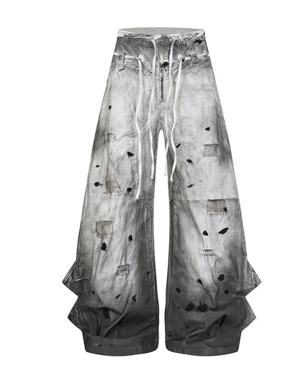 American High Street Subculture: Inkjet Graded Washed Destroyed Casual Pants Men's 3D Silhouette Double-Waist Toe Wide-Leg Pants