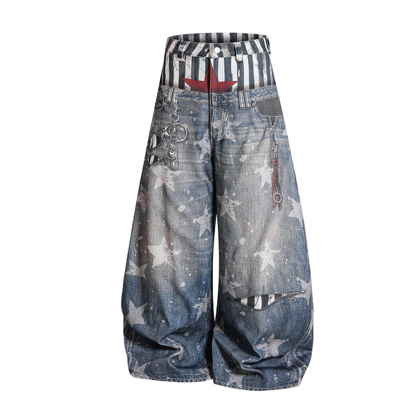 American street fashion brand jeans, personalized curved knife pants, loose wide-leg printed pants, fake two-piece floor-length pants for men and women