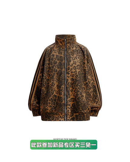 Mr. WH design leopard print hip-hop suit stand-up collar sweatshirt men's and women's slacks high street two-piece set
