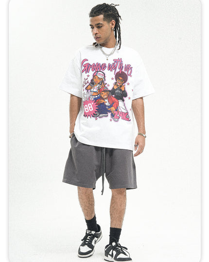 ONSEVENINE American Short Sleeve T-Shirt Men's Summer New Heavy Cotton 300g Small Neckline Loose Hip Hop National Trend