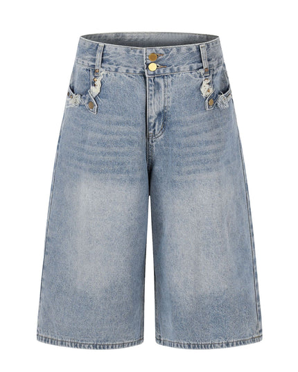 American-style street jeans, summer new washed patchwork pockets, frayed edged denim shorts, personalized five-point pants