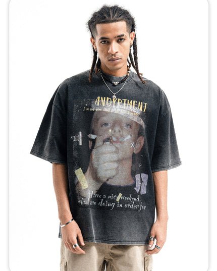 ONSEVENINE American Retro Wash Anti-fried Black Heavy Cotton Small Neckline Short Sleeve T-Shirt Men's Summer Loose