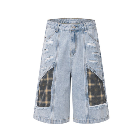 Washed Splicing Broken Denim Shorts