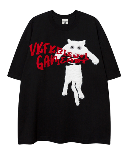XPKAEAX original trendy brand cat towel embroidered five-quarter sleeve European and American high street crew neck short sleeve T-shirt men's and women's couples