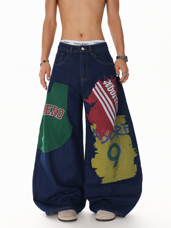 Monogram Patchwork Wide Jeans