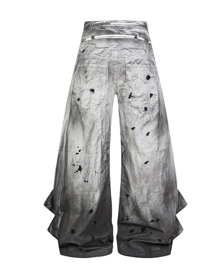 American High Street Subculture: Inkjet Graded Washed Destroyed Casual Pants Men's 3D Silhouette Double-Waist Toe Wide-Leg Pants