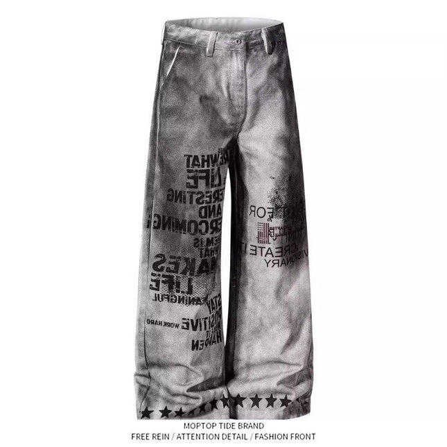 Mr. WH American distressed letter print dirty jeans men's and women's loose wide-leg pants niche design trousers