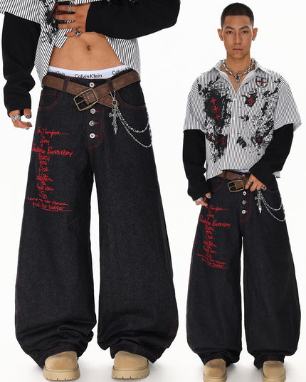 Letter Embroidered Breasted Jeans