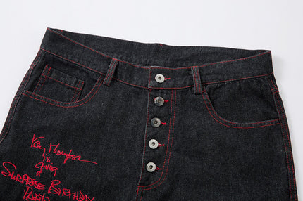 Letter Embroidered Breasted Jeans
