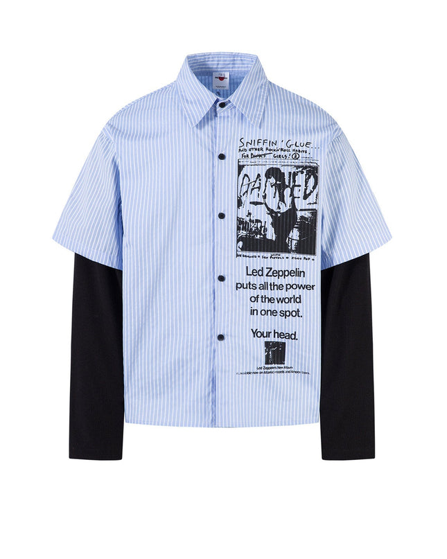 FXK original rock character print patchwork fake two long sleeve shirts men's autumn American street shirt top