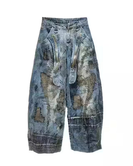TALKLESSFASHION Asymmetric Patchwork denim baggy jean ---8470