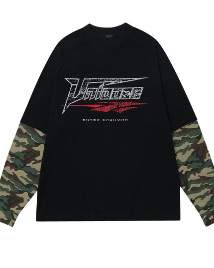 Mein Shop 0 False Two-piece Patchwork Camouflage Long Sleeve Loose T-shirt Men