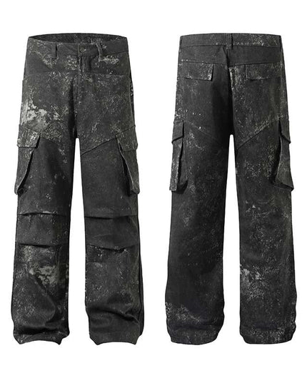 Mein Shop 0 Men's High Street American Splash-ink Distressed Pleated Multi-pocket Cargo Pants