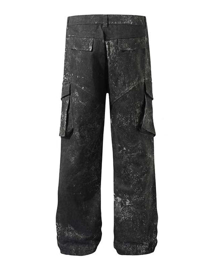 Mein Shop 0 Men's High Street American Splash-ink Distressed Pleated Multi-pocket Cargo Pants