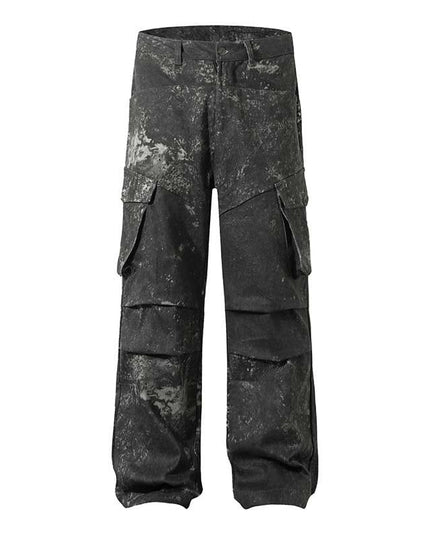 Mein Shop 0 Men's High Street American Splash-ink Distressed Pleated Multi-pocket Cargo Pants