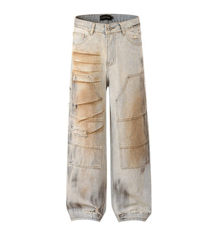 Mein Shop 0 Mud Dyed Blue / S Shabby Dirty Loose Hole Jeans—8739